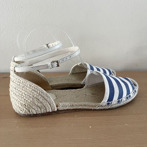 Gucci Espadrilles Flats Size 37 Canvas Striped Tan Blue Ankle Strap Shoes Dorsay - Picture 6 of 16